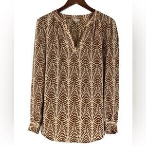 Cremieux Womens Blouse Cream & Brown Fern Branches Long Sleeve Split Neck Size S